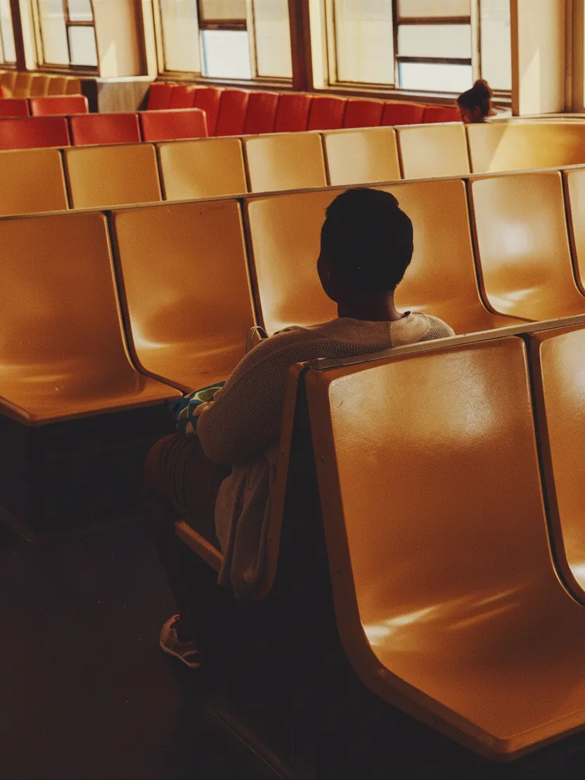 Person sitting alone in a row of colorful airport seats